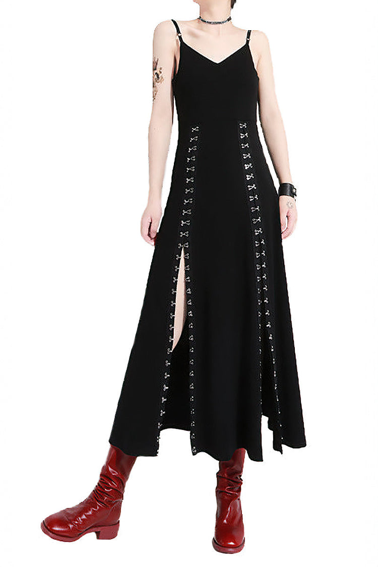 Women Black Vent Asymmetrical Long Spaghetti Strap Dress / Gothic Sleeveless Loose Fit Fashion Outfit - image 1