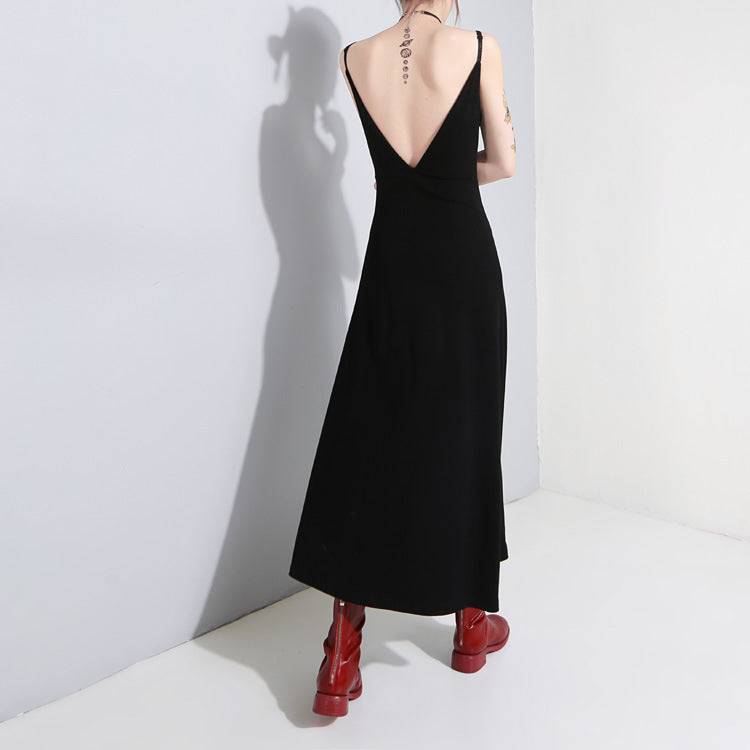 Women Black Vent Asymmetrical Long Spaghetti Strap Dress / Gothic Sleeveless Loose Fit Fashion Outfit - image 7