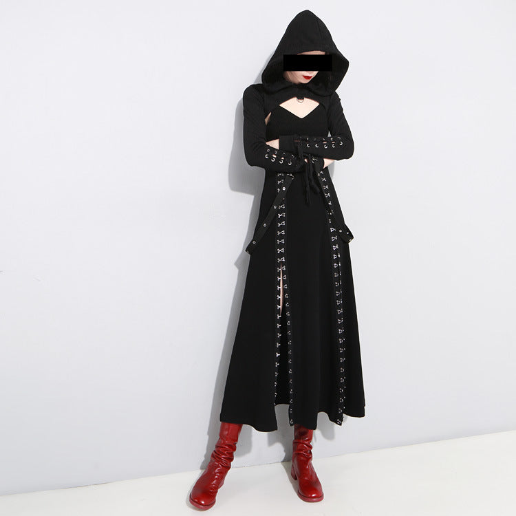 Women Black Vent Asymmetrical Long Spaghetti Strap Dress / Gothic Sleeveless Loose Fit Fashion Outfit - image 6