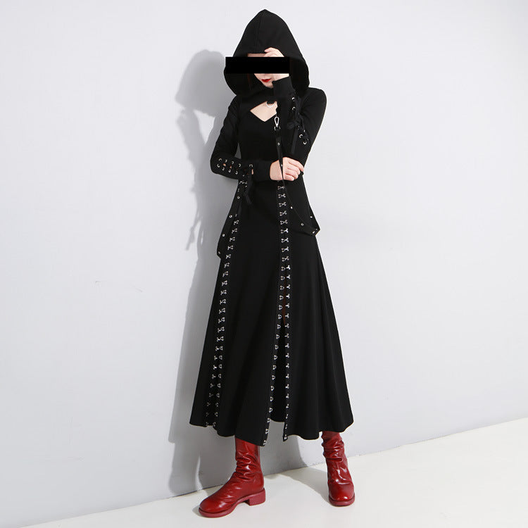Women Black Vent Asymmetrical Long Spaghetti Strap Dress / Gothic Sleeveless Loose Fit Fashion Outfit - image 5