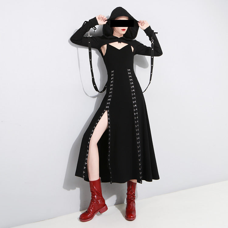 Women Black Vent Asymmetrical Long Spaghetti Strap Dress / Gothic Sleeveless Loose Fit Fashion Outfit - image 4