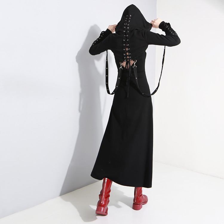 Women Black Vent Asymmetrical Long Spaghetti Strap Dress / Gothic Sleeveless Loose Fit Fashion Outfit - image 8