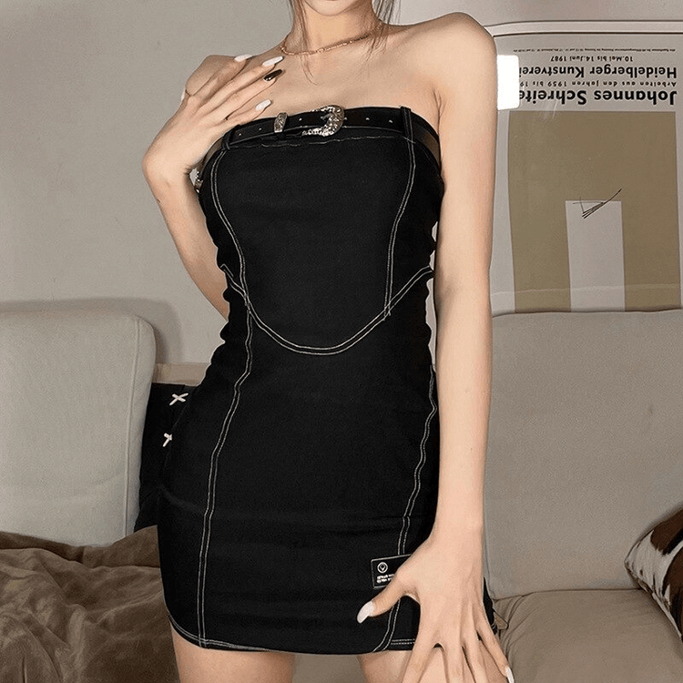 Women's Black Tube Dress with Chest Belt / Bodycon Mini Dress / Sexy Alternative Apparel for Women - image 7