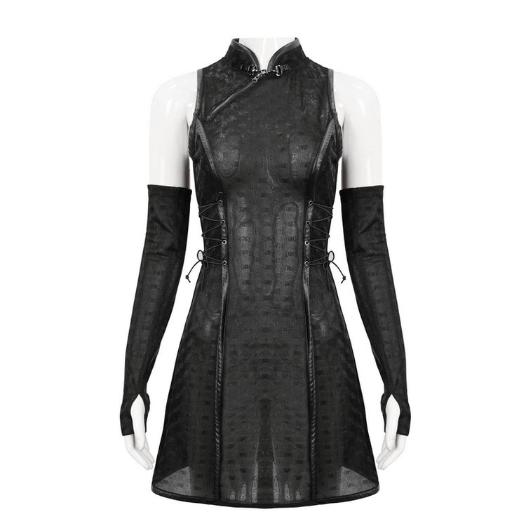 Women's Gothic Dress with Detachable Long Gloves / Sexy Short Dresses with Lace-up on Waist - image 1