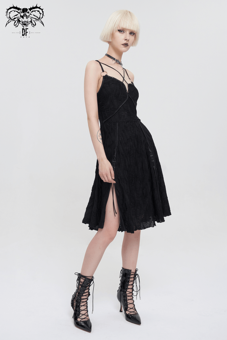 Women's Sexy Slit Hem Short Dress / Gothic Punk Cross Strap Black Dresses - image 6