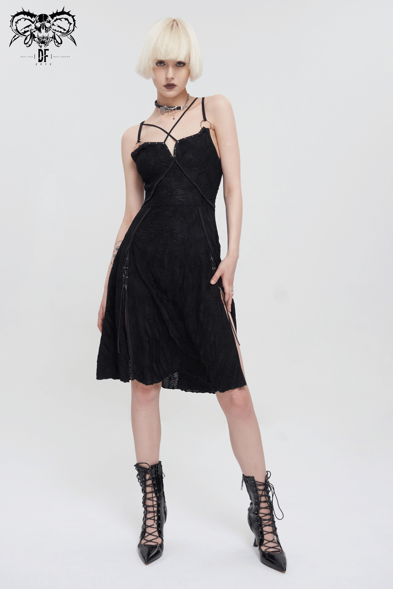 Women's Sexy Slit Hem Short Dress / Gothic Punk Cross Strap Black Dresses - image 7