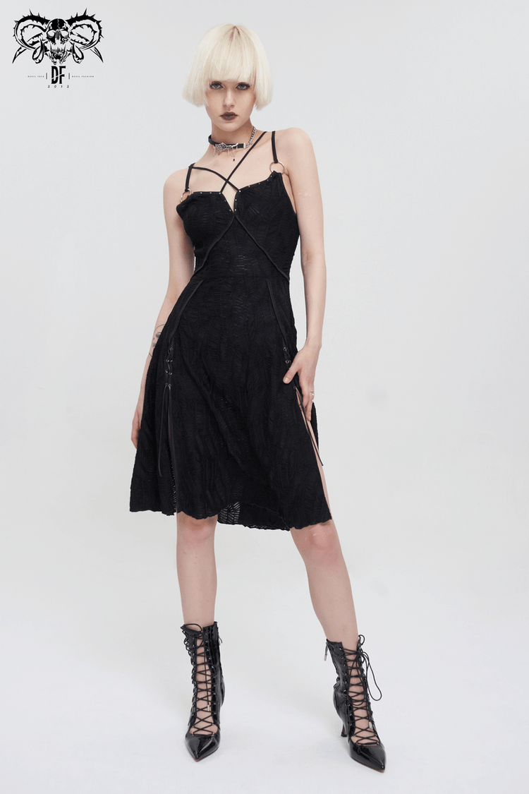 Women's Sexy Slit Hem Short Dress / Gothic Punk Cross Strap Black Dresses - image 7