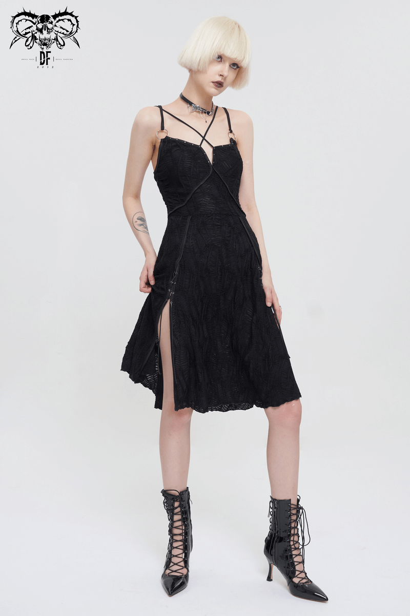 Women's Sexy Slit Hem Short Dress / Gothic Punk Cross Strap Black Dresses - image 9