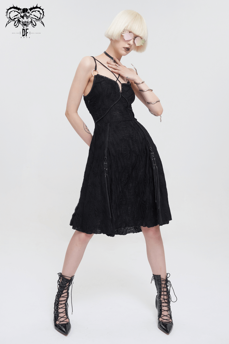 Women's Sexy Slit Hem Short Dress / Gothic Punk Cross Strap Black Dresses - image 8