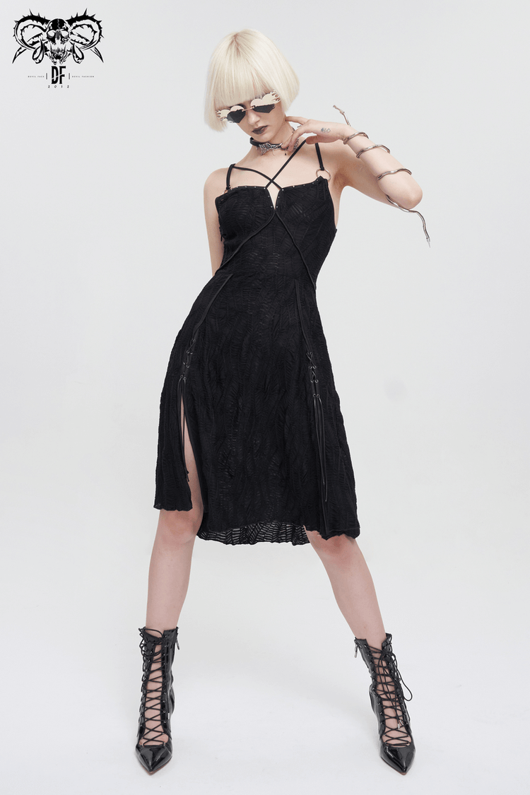 Women's Sexy Slit Hem Short Dress / Gothic Punk Cross Strap Black Dresses - image 10