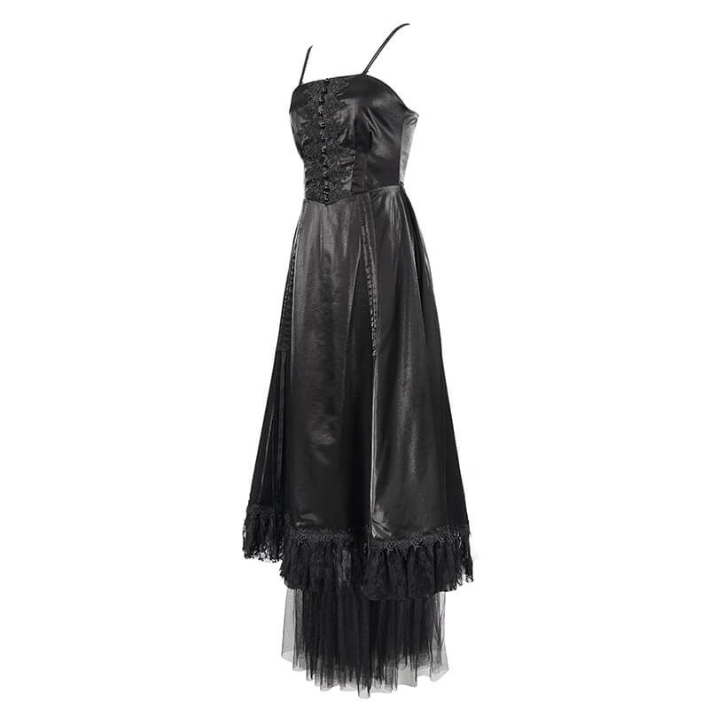 Women's Black Drawstring Lace Splice Slip Dress / Long Dress with Straps in Gothic Style - image 4