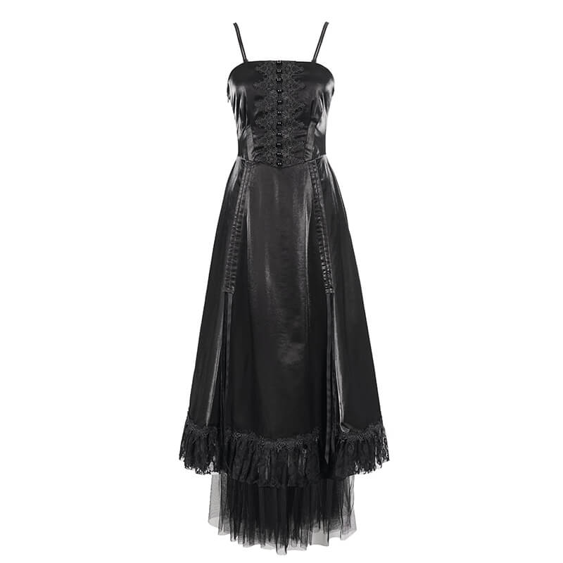 Women's Black Drawstring Lace Splice Slip Dress / Long Dress with Straps in Gothic Style - image 5