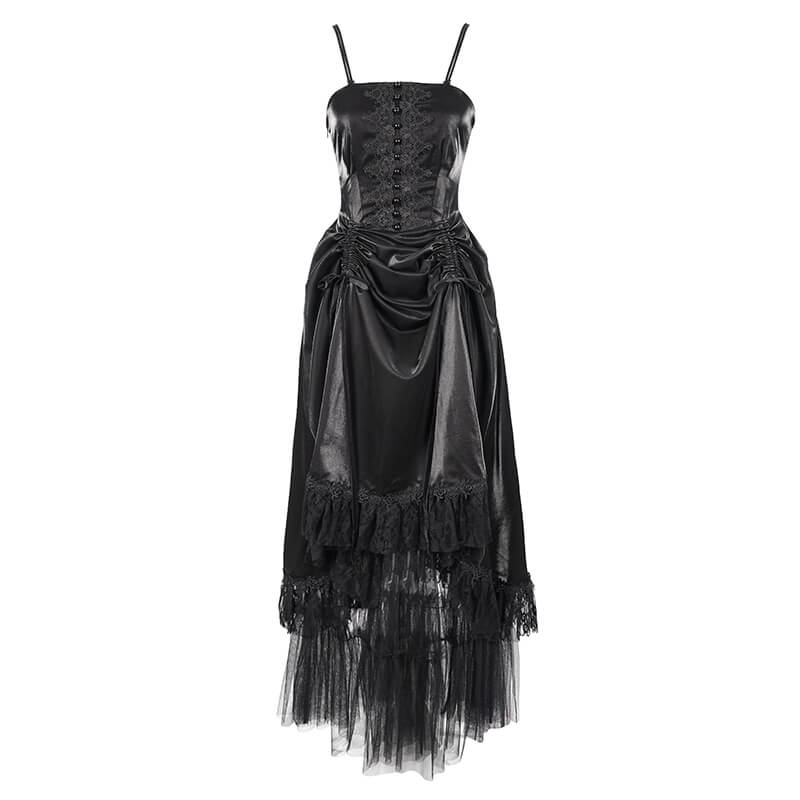Women's Black Drawstring Lace Splice Slip Dress / Long Dress with Straps in Gothic Style - image 3