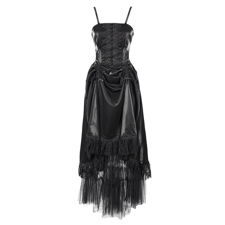Women's Black Drawstring Lace Splice Slip Dress / Long Dress with Straps in Gothic Style - image 3