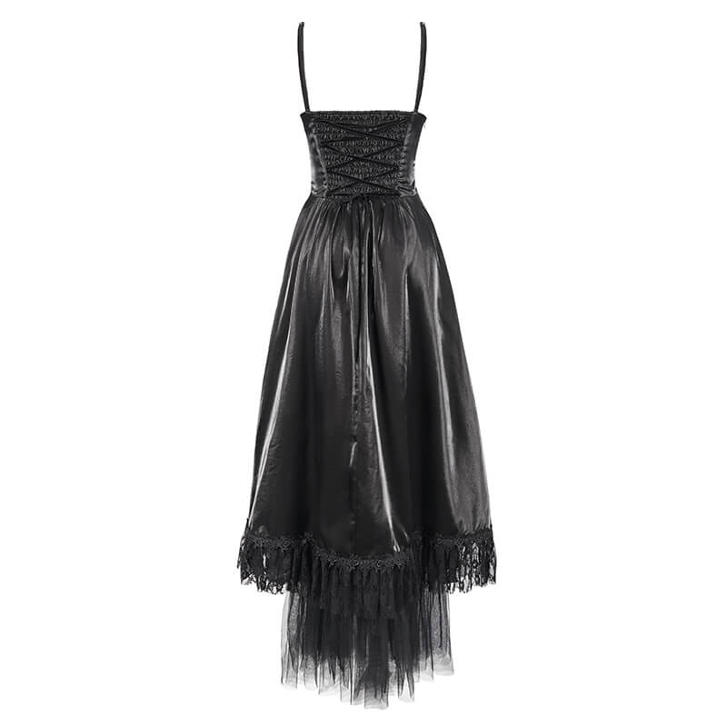 Women's Black Drawstring Lace Splice Slip Dress / Long Dress with Straps in Gothic Style - image 6