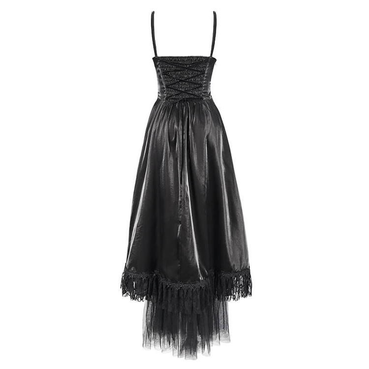 Women's Black Drawstring Lace Splice Slip Dress / Long Dress with Straps in Gothic Style - image 6