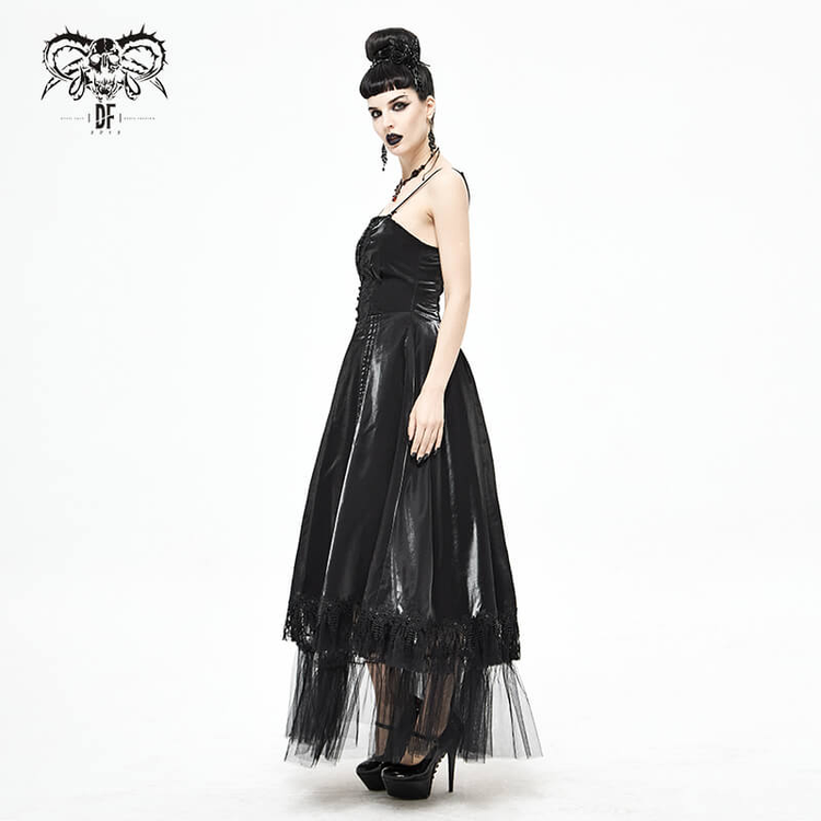 Women's Black Drawstring Lace Splice Slip Dress / Long Dress with Straps in Gothic Style - image 15