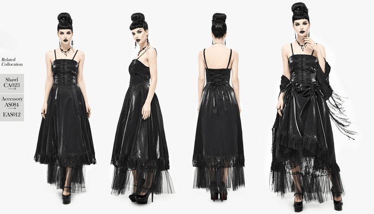 Women's Black Drawstring Lace Splice Slip Dress / Long Dress with Straps in Gothic Style - image 17