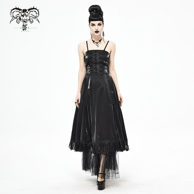Women's Black Drawstring Lace Splice Slip Dress / Long Dress with Straps in Gothic Style - image 13