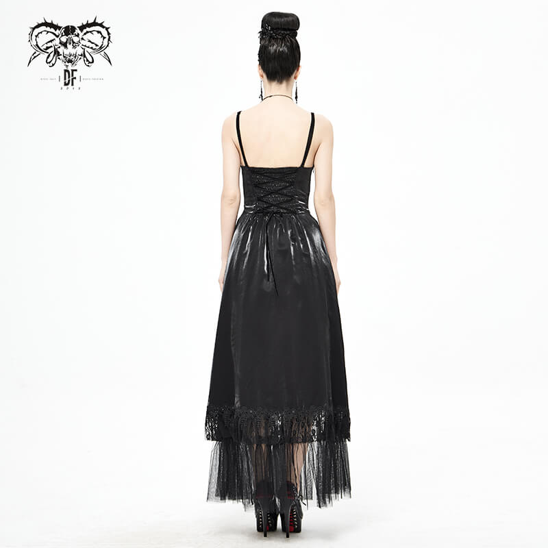 Women's Black Drawstring Lace Splice Slip Dress / Long Dress with Straps in Gothic Style - image 16