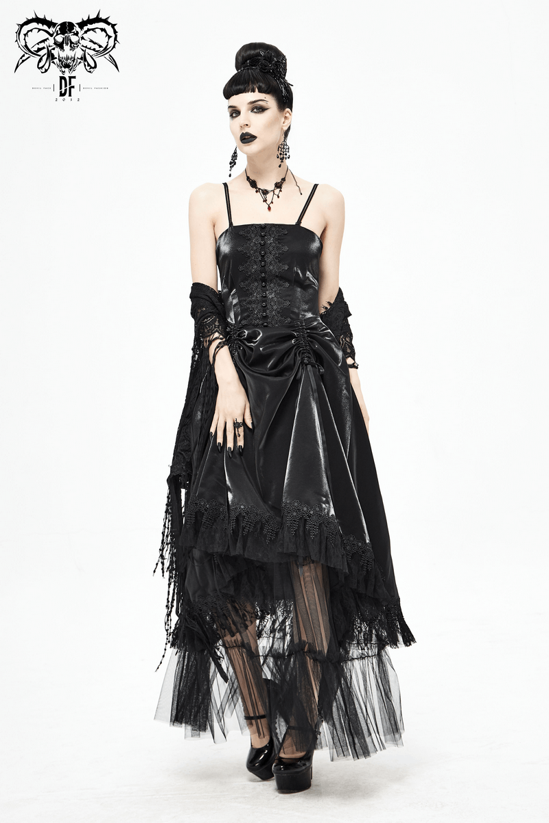 Women's Black Drawstring Lace Splice Slip Dress / Long Dress with Straps in Gothic Style - image 14
