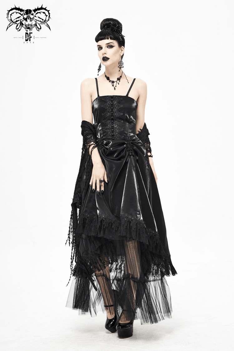 Women's Black Drawstring Lace Splice Slip Dress / Long Dress with Straps in Gothic Style - image 14