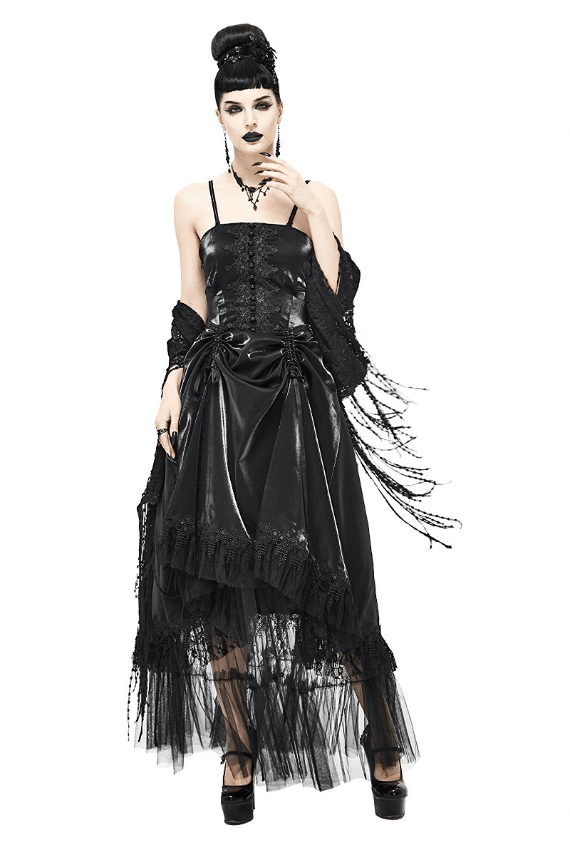 Women's Black Drawstring Lace Splice Slip Dress / Long Dress with Straps in Gothic Style - image 1