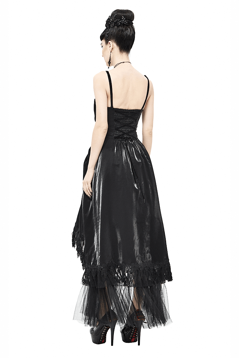 Women's Black Drawstring Lace Splice Slip Dress / Long Dress with Straps in Gothic Style - image 2