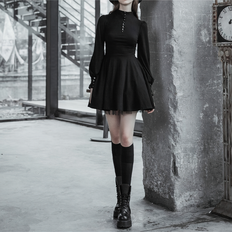 Women's Black Pleated Dress in Gothic Style / Lolita Style Long Sleeve Buttons Dress - image 8