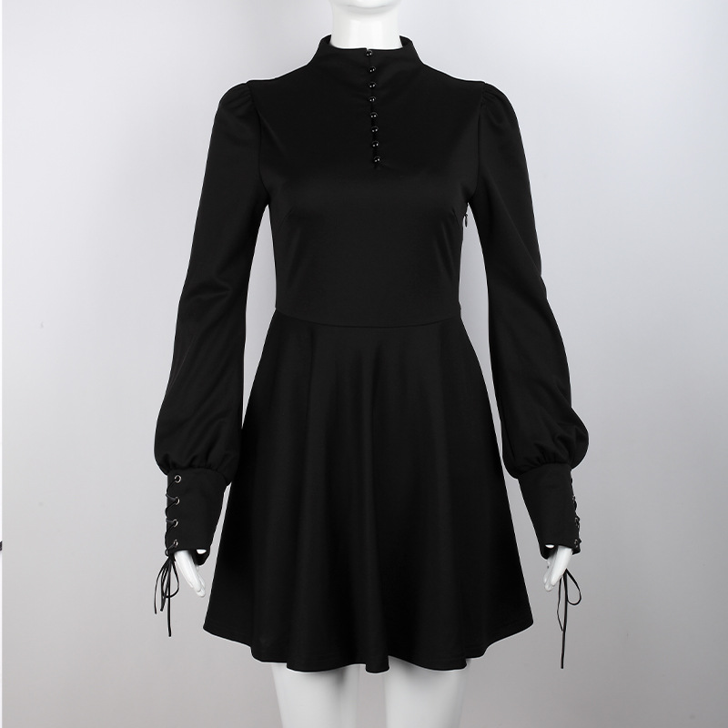 Women's Black Pleated Dress in Gothic Style / Lolita Style Long Sleeve Buttons Dress - image 4