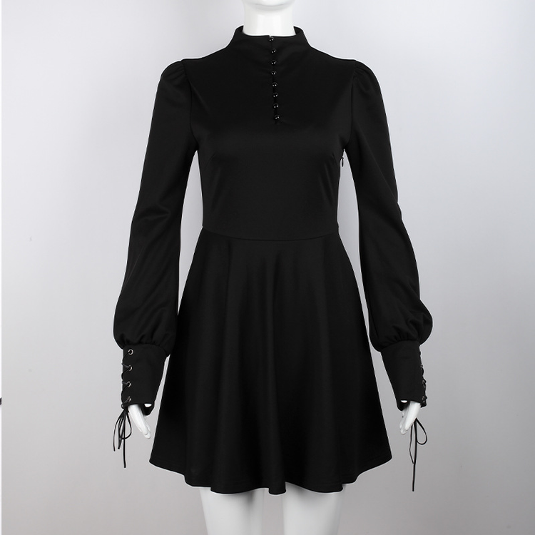Women's Black Pleated Dress in Gothic Style / Lolita Style Long Sleeve Buttons Dress - image 4
