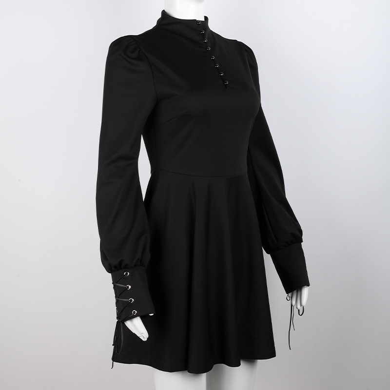 Women's Black Pleated Dress in Gothic Style / Lolita Style Long Sleeve Buttons Dress - image 5