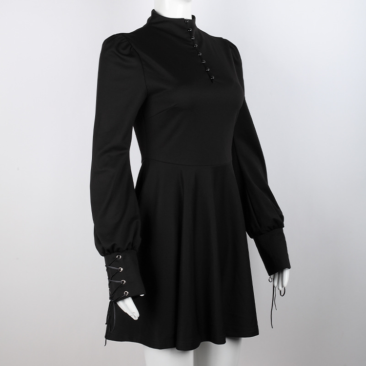 Women's Black Pleated Dress in Gothic Style / Lolita Style Long Sleeve Buttons Dress - image 5