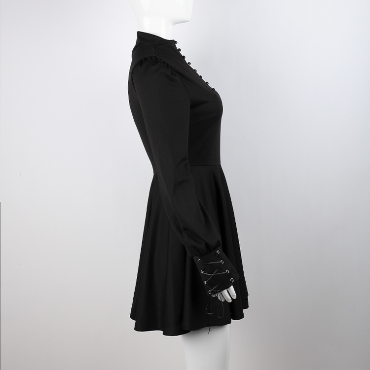 Women's Black Pleated Dress in Gothic Style / Lolita Style Long Sleeve Buttons Dress - image 6