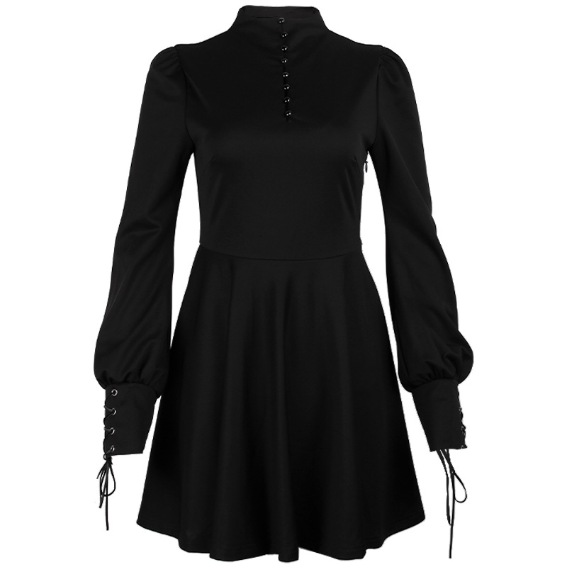 Women's Black Pleated Dress in Gothic Style / Lolita Style Long Sleeve Buttons Dress - image 3