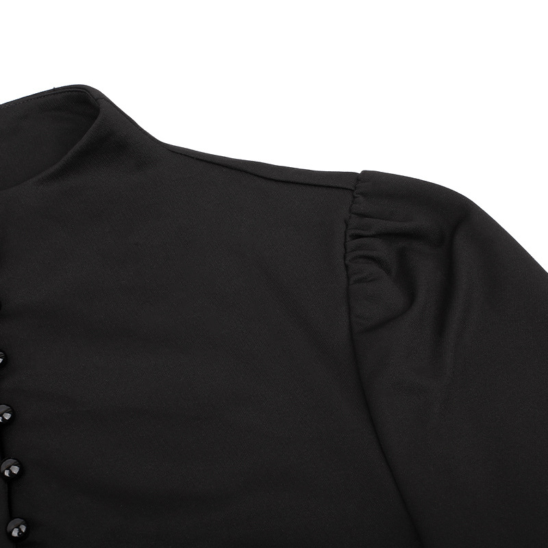Women's Black Pleated Dress in Gothic Style / Lolita Style Long Sleeve Buttons Dress - image 11