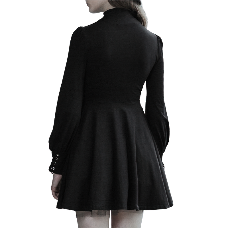 Women's Black Pleated Dress in Gothic Style / Lolita Style Long Sleeve Buttons Dress - image 2