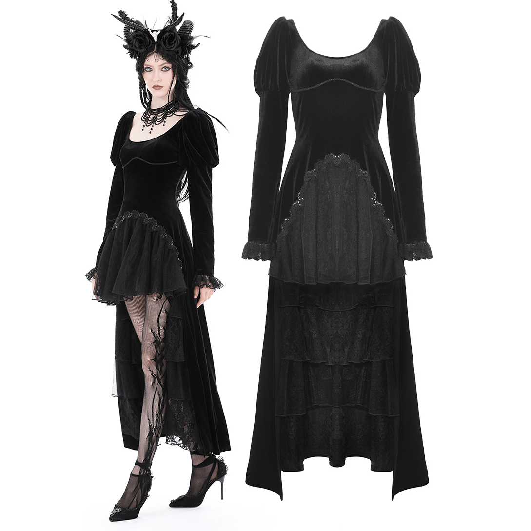 Women's Black Velvet Gothic High-Low Lace Hem Dress - image 3