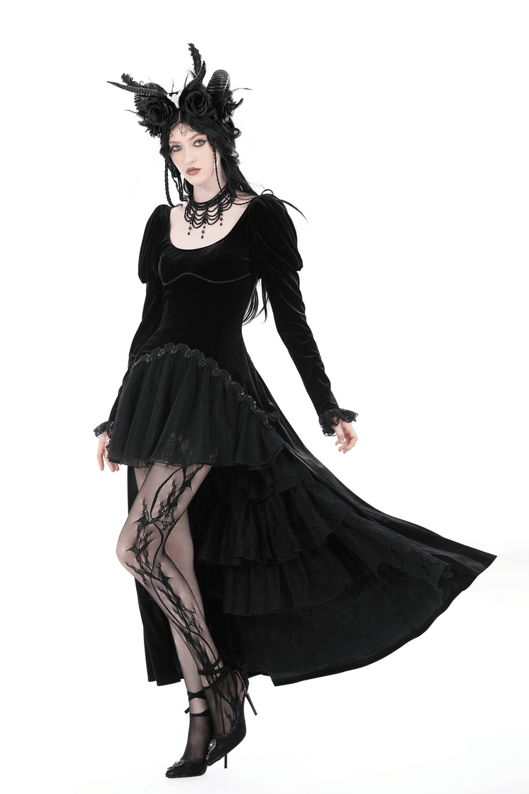 Women's Black Velvet Gothic High-Low Lace Hem Dress - image 14