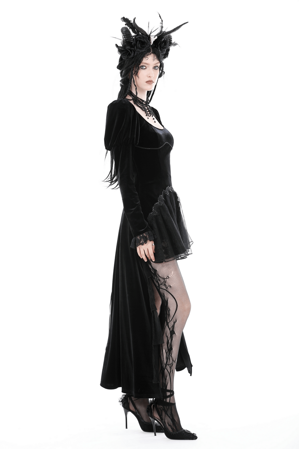 Women's Black Velvet Gothic High-Low Lace Hem Dress - image 15