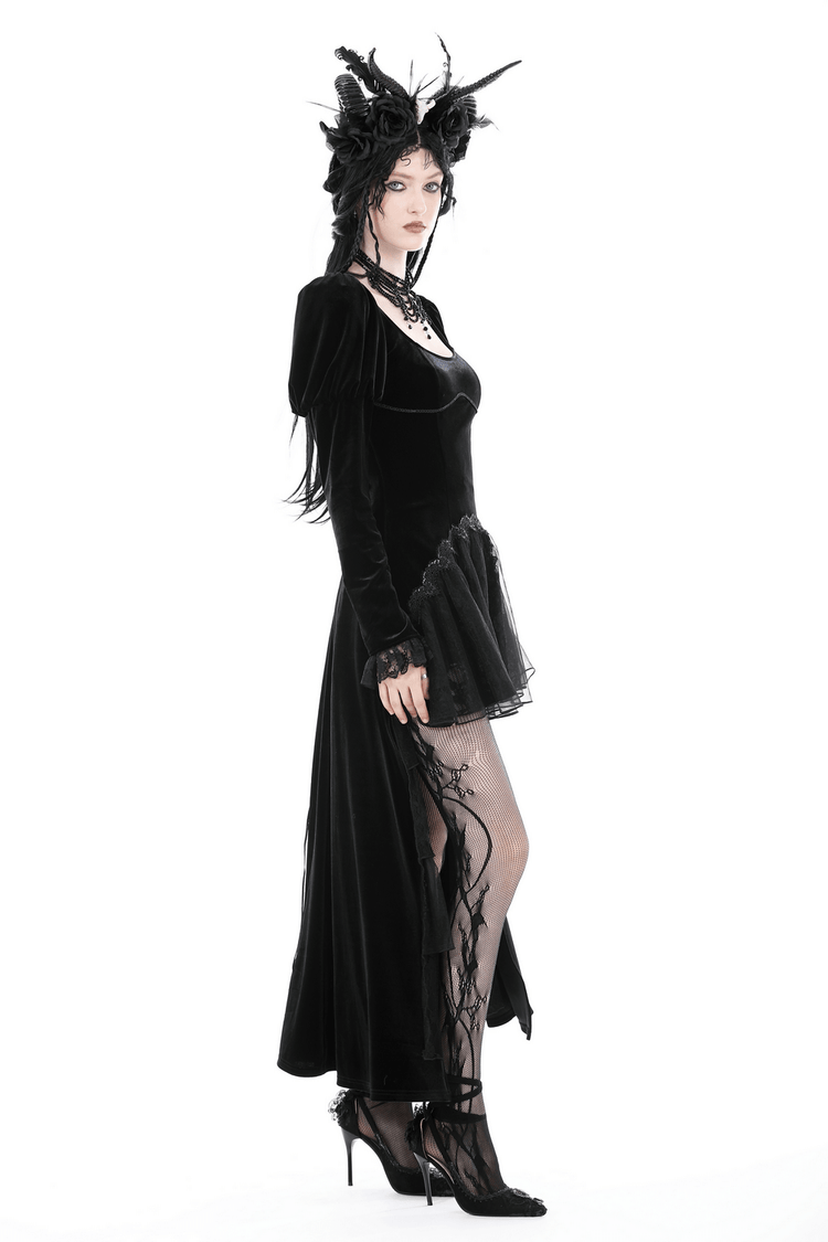 Women's Black Velvet Gothic High-Low Lace Hem Dress - image 15