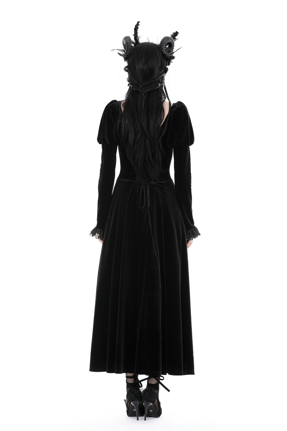 Women's Black Velvet Gothic High-Low Lace Hem Dress - image 2
