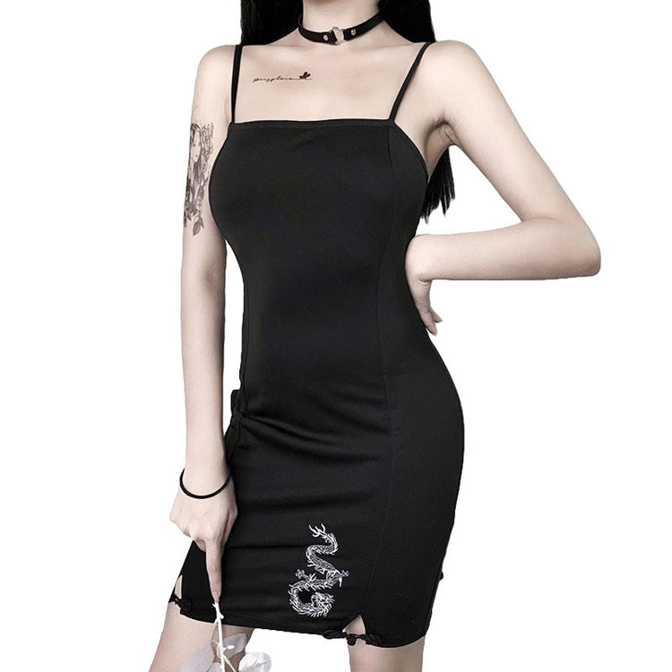Women's Bodycon Mini Dress In Gothic Style / Black Sexy Dress With Dragon Print - image 1