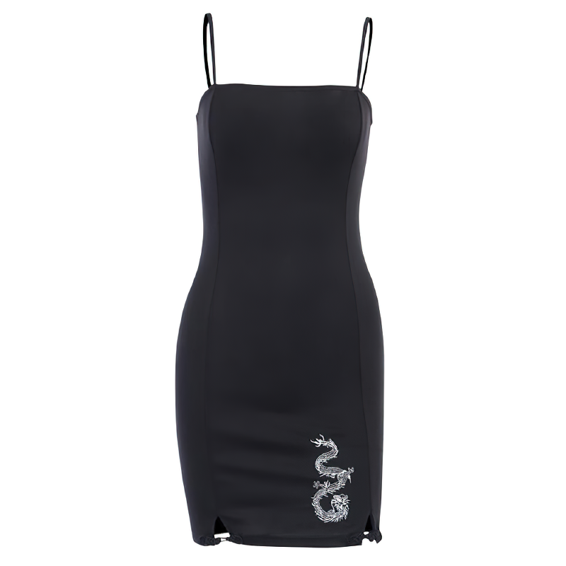 Women's Bodycon Mini Dress In Gothic Style / Black Sexy Dress With Dragon Print - image 2