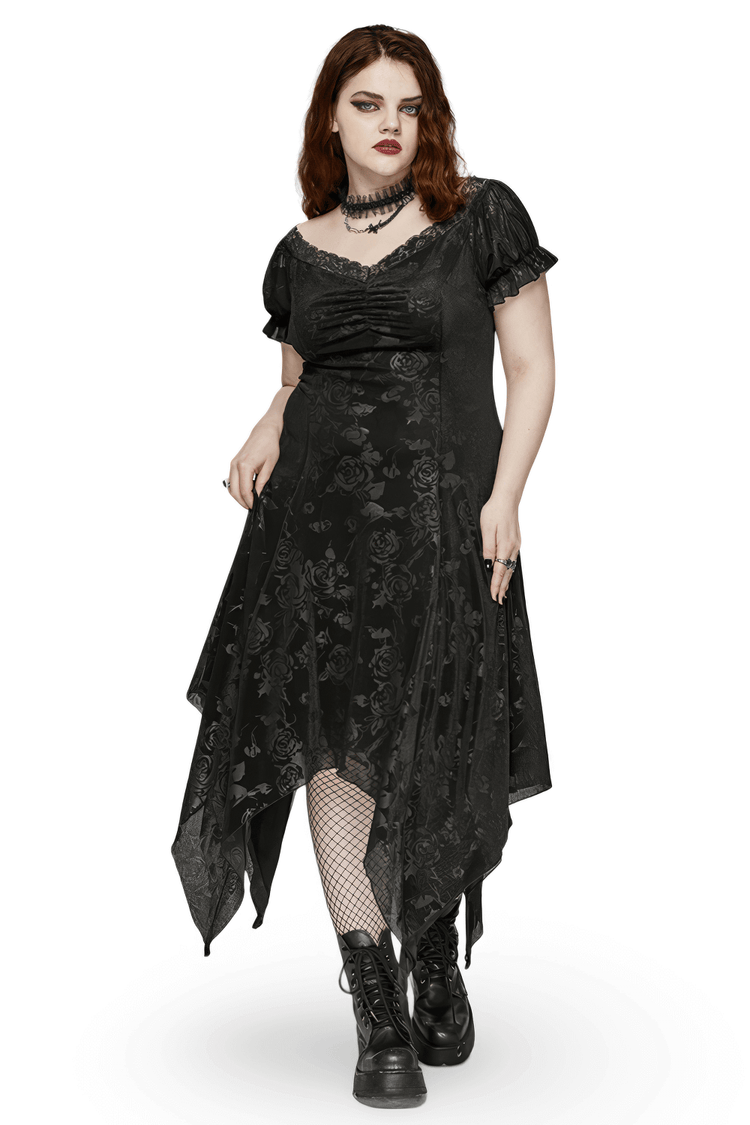 Women's Floral Black Velvet Gothic Asymmetrical Dress - image 1