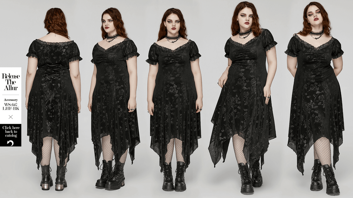 Women's Floral Black Velvet Gothic Asymmetrical Dress - image 14
