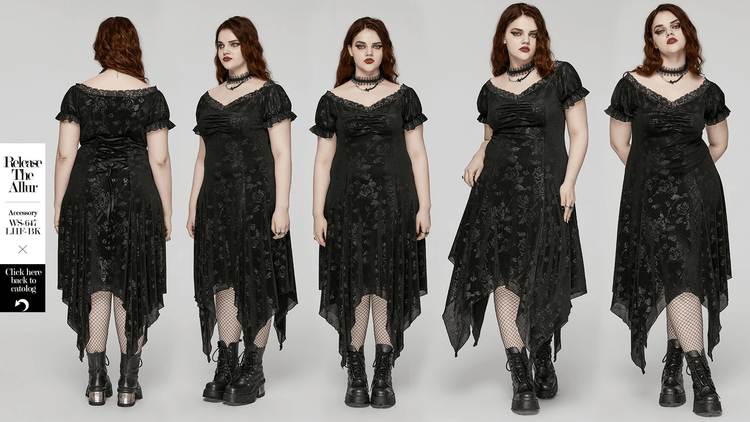 Women's Floral Black Velvet Gothic Asymmetrical Dress - image 14