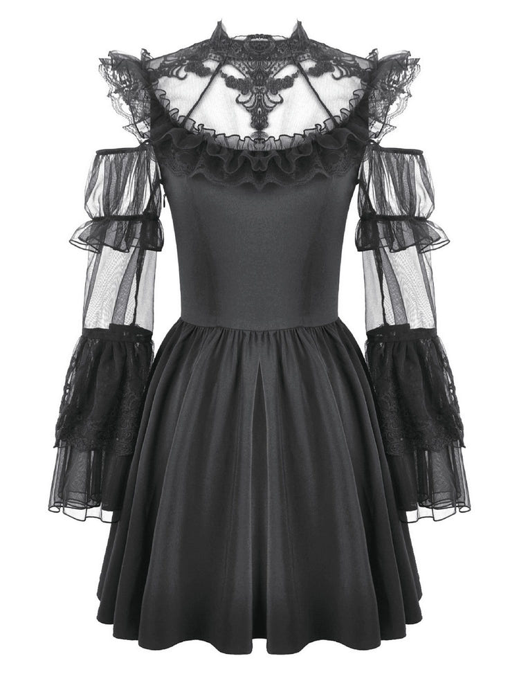 Women's Gothic Cold Shoulder Mini Dress with Lace Sleeves featuring sheer embroidered yoke and ruffled neckline.