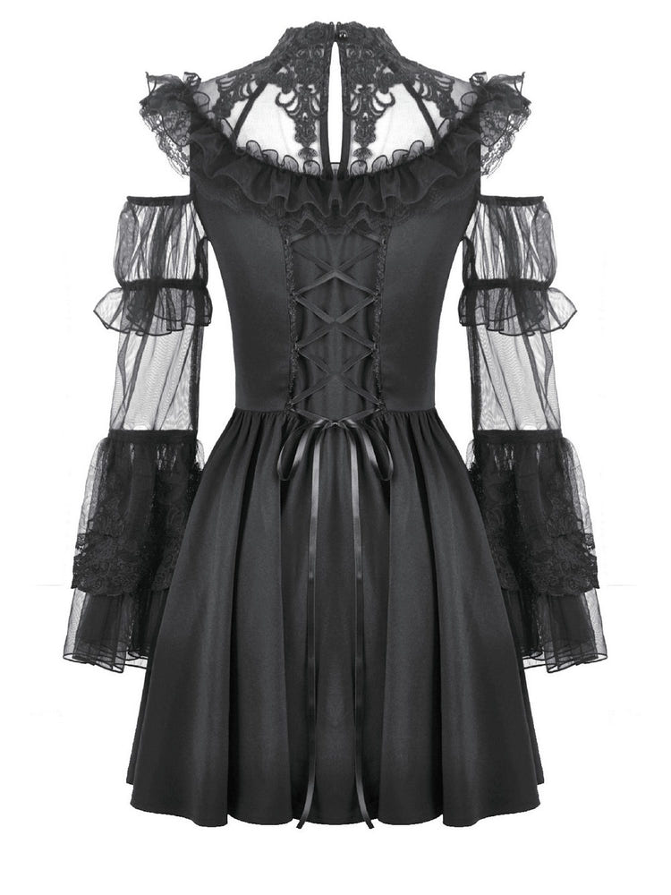 Women's Gothic Cold Shoulder Mini Dress with Lace Sleeves featuring sheer ruffle details and corset lacing.