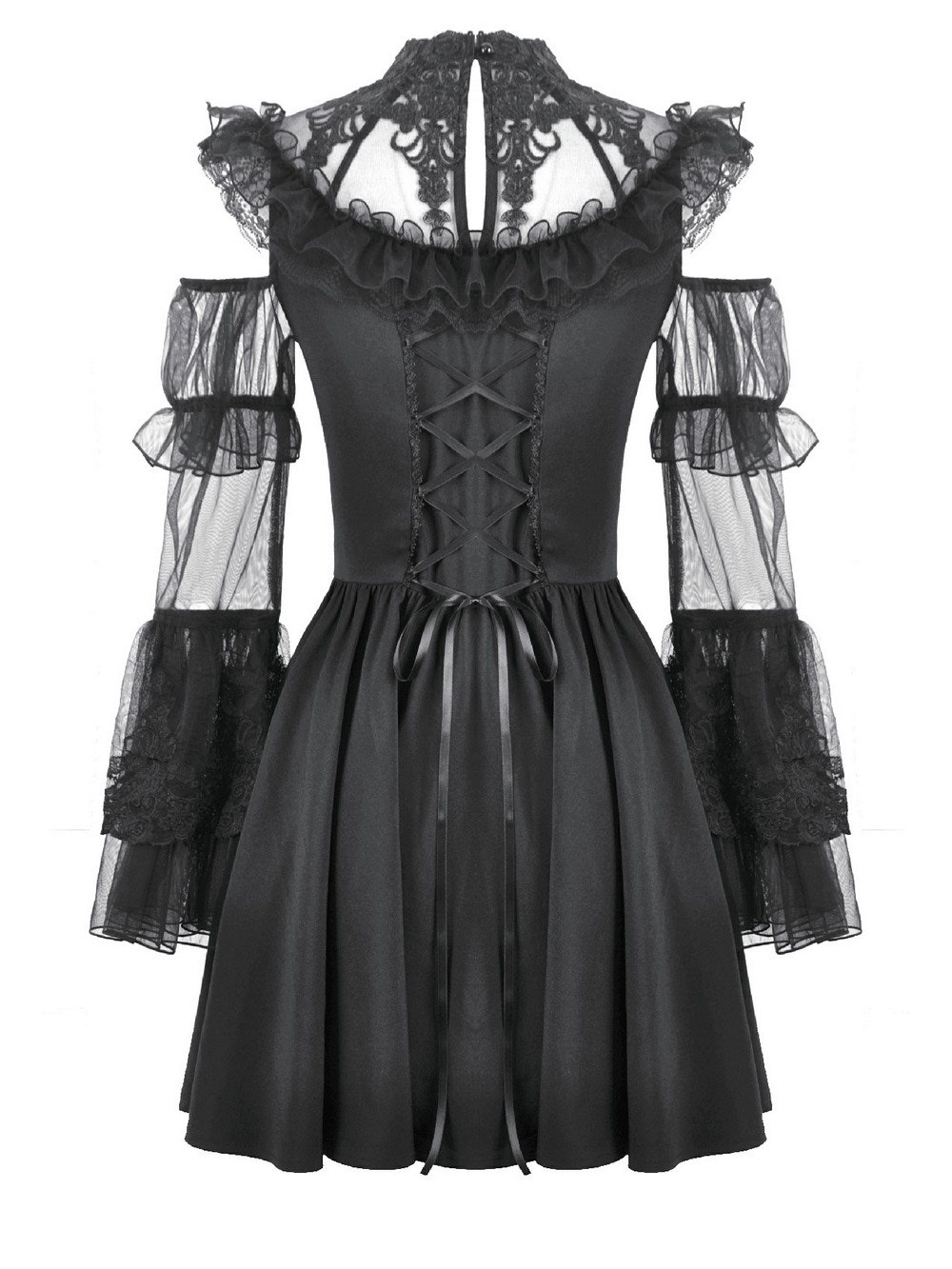 Women's Gothic Cold Shoulder Mini Dress with Lace Sleeves featuring sheer ruffle details and corset lacing.